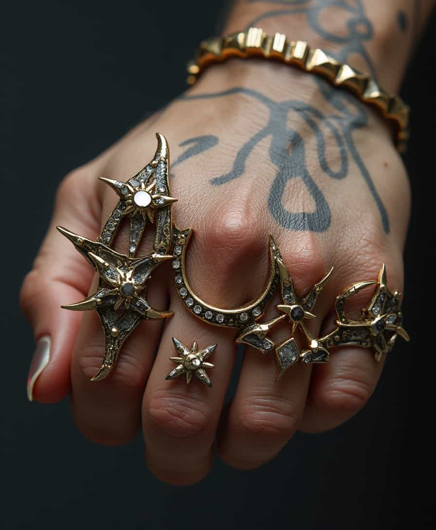 a well manicured hand wearing brass knuckles encrusted with diamonds, thorns, and teeth 
