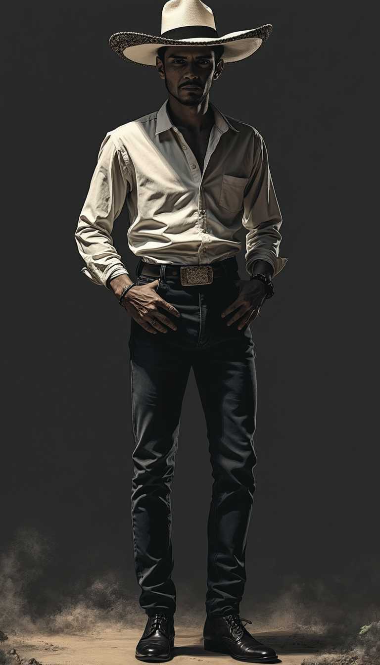 full body illustration / of a Mexican man in a white and black striped hat / in the style of timeless beauty / light navy and dark bronze overtones / 32k UHD / timeless grace / black and white tones / exaggerated facial features / sleek aesthetics / super textured / super dark / super contrasts / full length view 