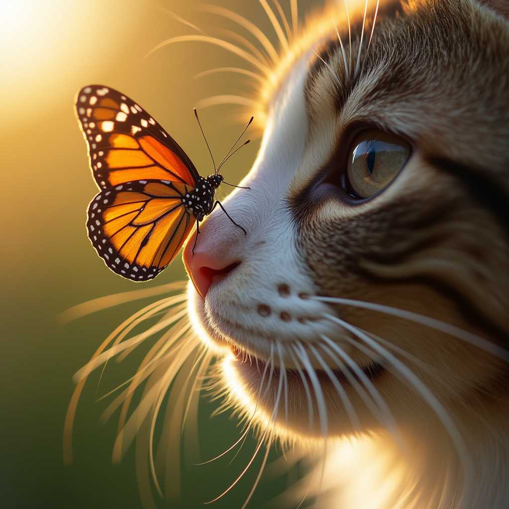 Color photograph Macro shot of a cat’s nose and whiskers with a butterfly on the cat’s nose outside golden hour