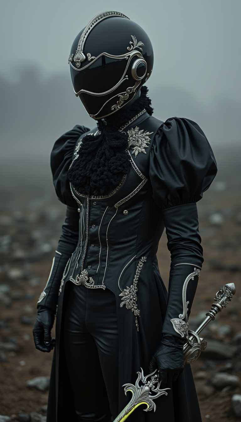 Sentai hero in a sleek black Sentai suit fused with elegant Victorian fashion, wearing a high-neck lace collar, puffed sleeves, and a tailored coat with intricate silver embroidery, the iconic helmet redesigned with a reflective black visor and subtle metallic filigree, wielding a glowing energy rapier with ornate Victorian details, standing confidently on a foggy battlefield at dusk, the ground littered with remnants of a past conflict, detailed textures on the armor and fabric, professional lighting highlighting the black and silver tones, fashion photography style, poised and commanding stance,