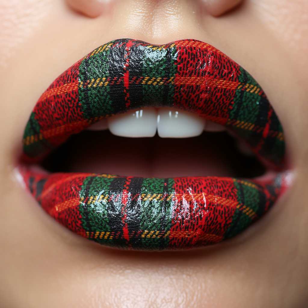 a pair of lips with a tartan pattern applied to them with a lipstick made of tartan