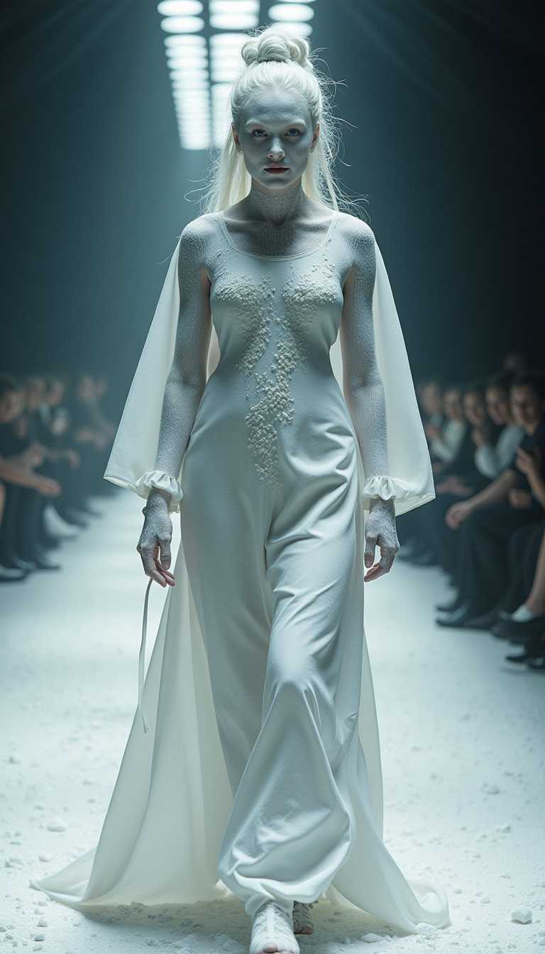 PHOTOREALISTIC, cinematic film, 32K, full body shot. unreal engine, Design a surreal and avant-garde runway model inspired by opium. A human made of white powder. The shape appears to be made of powdery material. he wear Chinese style atmosphere. background is runway. 