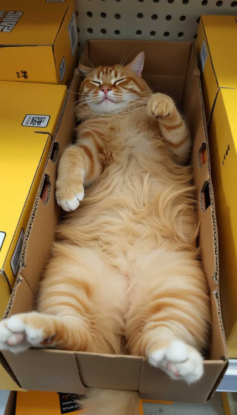 A phone photo posted in reddit in 2017, a fluffy, ginger tabby cat lies sprawled on its back inside a cardboard box on a store shelf, with its head gently tilted to one side and its eyes peacefully closed. Its hind legs dangle comfortably over the edge of the box, while its front paws stretch out above its soft belly. The cat’s long, striped fur fans out across the box, creating a cozy, makeshift bed amid the bright yellow packaging that surrounds it. Despite the bustling setting, the cat appears perfectly relaxed, napping blissfully in the middle of the store aisle.