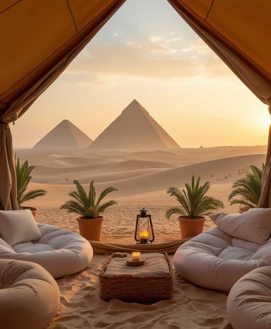 a stunning view from inside a canvas tent , large bean bags and white pillows, palm pot plants on a sand floor, an unlit lantern and candles. looking out over the desert sand dunes looking up at a large ancient Egyptian pyramid with a smaller Pyramid on either side, in the hazy background set against a pastel sunset sky that goes from light mustard coulour up to a pastel blue. 