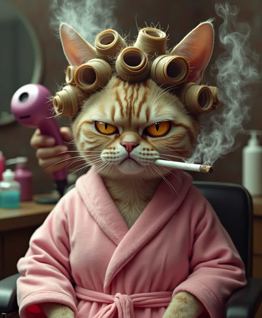 A photo of an angry cat in a pink bathrobe, with lots of curlers on her head, who is sitting in a hairdressing chair in a beauty salon and smoking a cigarette with a displeased expression on her face. Brad Pete stands next to her and dries her with a hair dryer