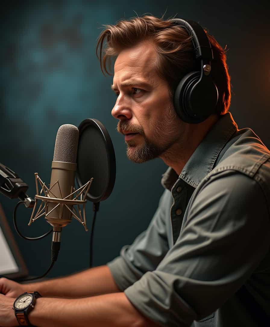 cinematic shot, a radio broadcaster, . 40 y sympatic. mic studio, chistopher nolan style