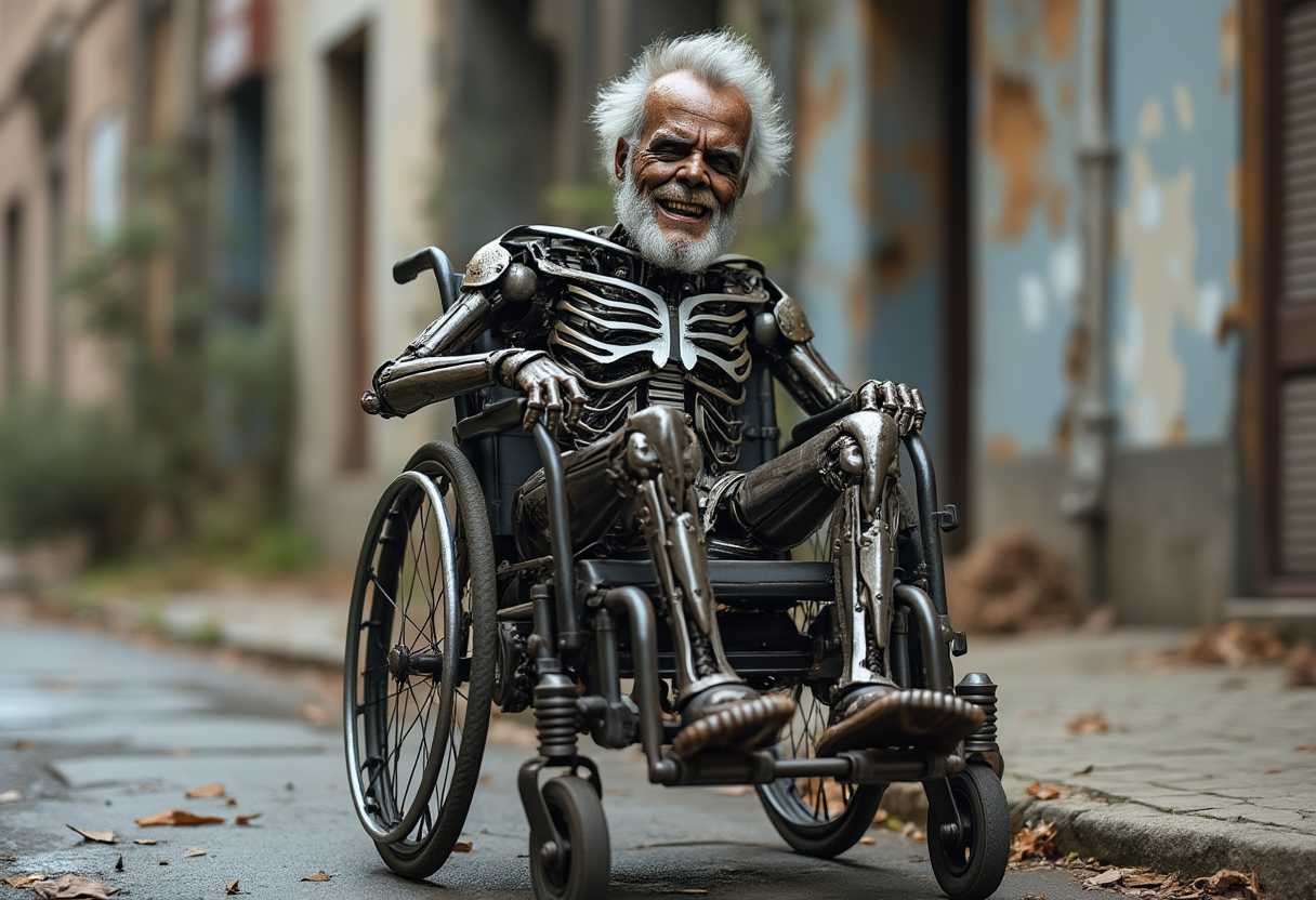 create image of a metal, rusted, very old grey hair, extremely old Arnold Schwarzenegger terminator T-2, smiling at camera , body is metal in a wheelchair, with an engine, going down the street 