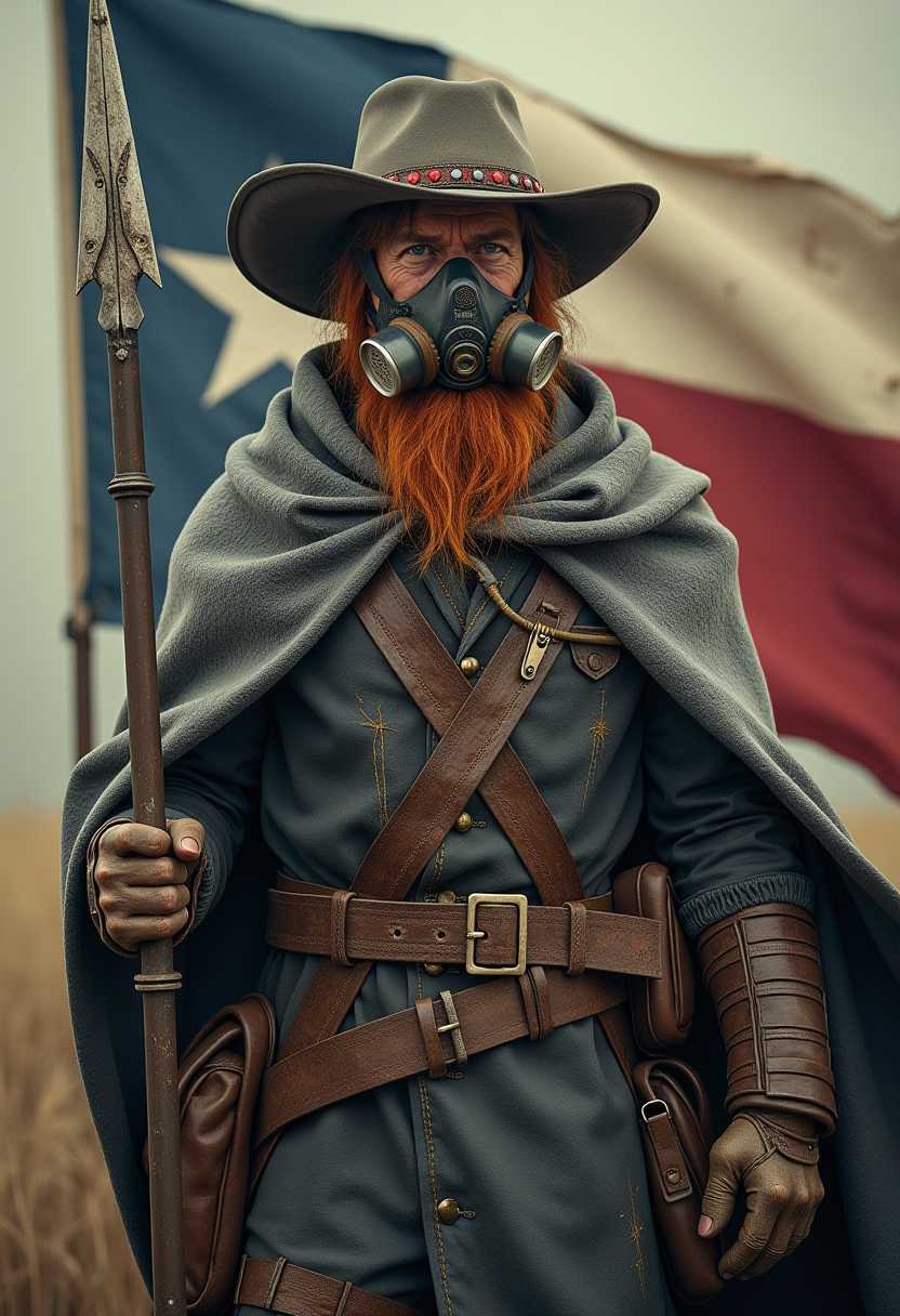 An ultra-detailed, dystopian post-apocalyptic soldier with a Confederate-inspired appearance, standing heroically against a gritty background. The soldier wears a worn, tattered gray cloak and a heavily weathered felt hat, showcasing years of survival in a harsh world. His bright ginger beard is meticulously textured, with every strand vividly visible. His face is partially obscured by a detailed oxygen mask with attached tubes, designed to filter toxic air. In one hand, he grips a rugged, post-apocalyptic spear, while his other hand holds a torn and weathered Texas flag that flutters dramatically in the wind. The soldier’s armor and gear include leather and metal elements, with intricate details like pouches, buckles, and reinforced gloves, all adding to the rugged and functional design. The background features a faded and apocalyptic atmosphere, with muted tones and a distressed Texas flag as the focal point. The image captures an ultra-realistic and immersive style, emphasizing texture, lighting, and the grim, dystopian environment.