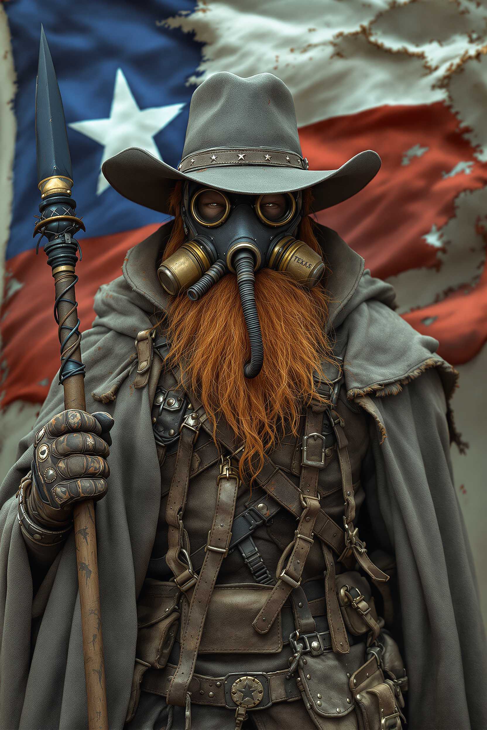An ultra-detailed, dystopian post-apocalyptic soldier with a Confederate-inspired appearance, standing heroically against a gritty background. The soldier wears a worn, tattered gray cloak and a heavily weathered felt hat, showcasing years of survival in a harsh world. His bright ginger beard is meticulously textured, with every strand vividly visible. His face is partially obscured by a detailed oxygen mask with attached tubes, designed to filter toxic air. In one hand, he grips a rugged, post-apocalyptic spear, while his other hand holds a torn and weathered Texas flag that flutters dramatically in the wind. The soldier’s armor and gear include leather and metal elements, with intricate details like pouches, buckles, and reinforced gloves, all adding to the rugged and functional design. The background features a faded and apocalyptic atmosphere, with muted tones and a distressed Texas flag as the focal point. The image captures an ultra-realistic and immersive style, emphasizing texture, lighting, and the grim, dystopian environment.
