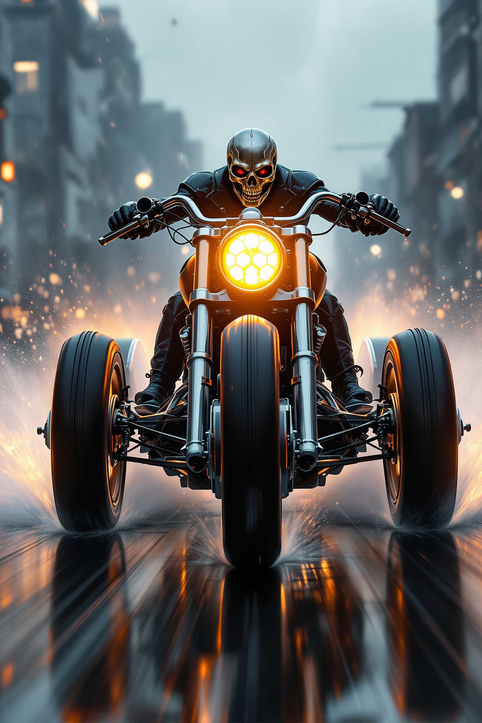 A visually stunning and highly dynamic post-apocalyptic scene featuring a massive, three-wheeled motorcycle speeding forward on a rain-soaked street. The motorcycle has a single, large glowing headlight in the center, exuding a warm, bright light that cuts through the rainy atmosphere. The handlebars are wide and chopper-style, adding a rugged and commanding presence. All three wheels are spinning rapidly, with water dramatically splashing to the sides as the vehicle moves at high speed. The driver wears a metallic motorcycle mask in the shape of a skull, polished and shiny with distinct skeletal features. The mask adds a menacing touch while maintaining a sleek, dystopian aesthetic.

The background features a dystopian cityscape blurred by motion, with rain falling diagonally, enhancing the sense of speed. The scene is rendered in ultra-realistic detail with subtle oil-painting textures, focusing on the intricate details of the motorcycle, water splashes, and the intense atmosphere. Rendered in Full HD and 8K resolution.