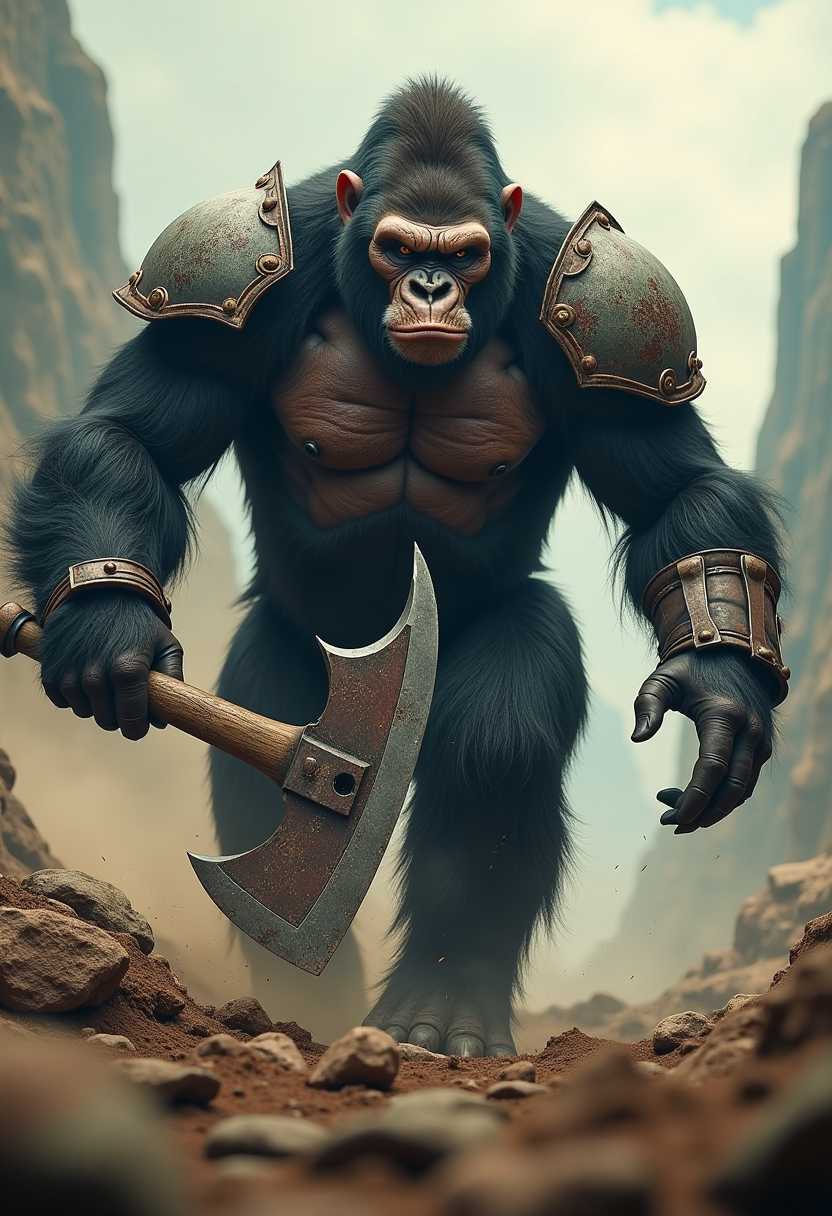 
Hyper-realistic matte painting set in the Planet of the Apes universe, low angle: A menacing, wounded gorilla warrior with a very imposing presence, clad in heavy, intricate armor that looks ancient and worn, swings a massive, intimidating axe with a jagged, brutal design, rampaging in dynamic combative scene amidst a devastated, war-torn battlefield. Dynamic angle, cinematic lighting, intricate details, mix of blur effect and sharp focus.


