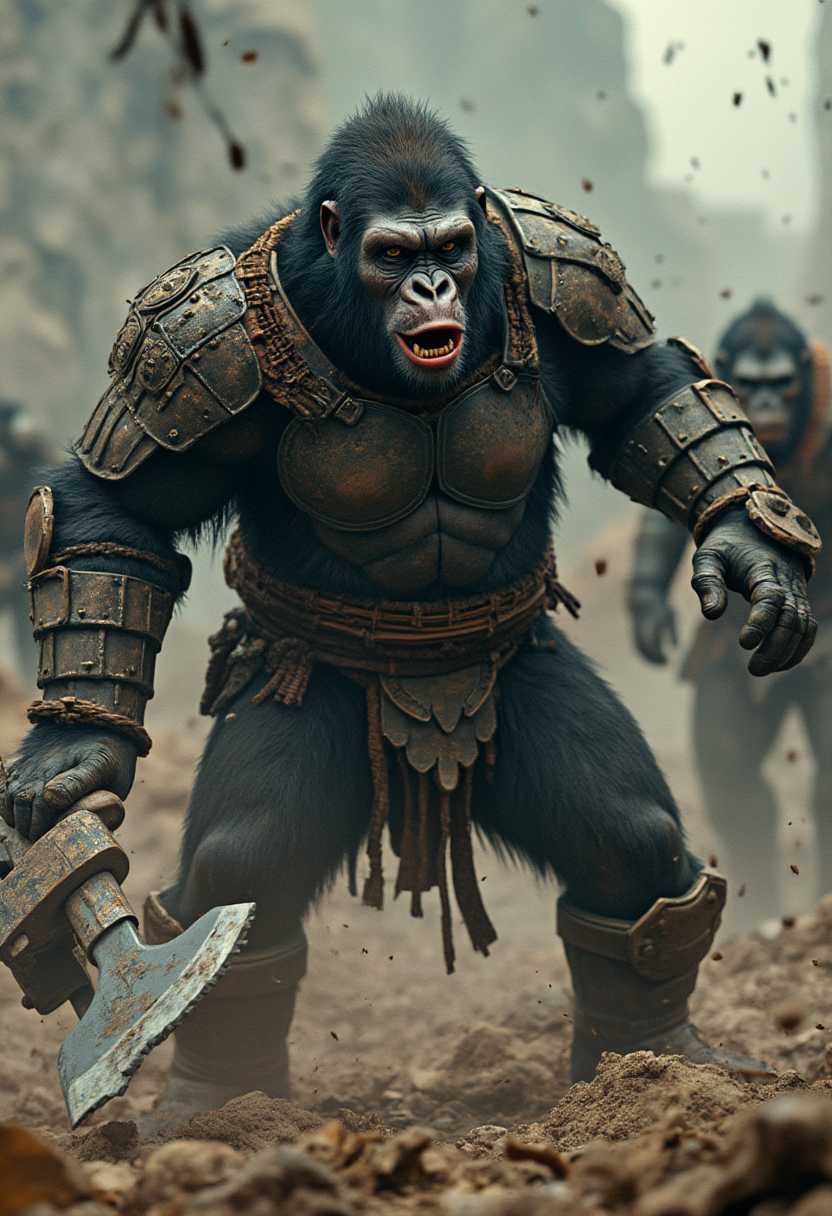 
Hyper-realistic matte painting set in the Planet of the Apes universe, low angle: A menacing, wounded gorilla warrior with a very imposing presence, clad in heavy, intricate armor that looks ancient and worn, swings a massive, intimidating axe with a jagged, brutal design, rampaging in dynamic combative scene amidst a devastated, war-torn battlefield. Dynamic angle, cinematic lighting, intricate details, mix of blur effect and sharp focus.



