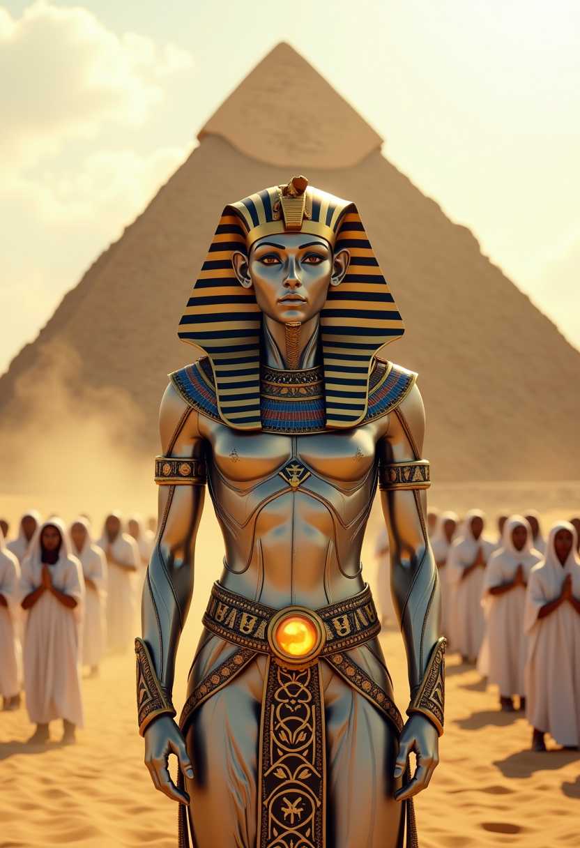 Create a highly detailed and photorealistic image of a futuristic Pharaoh standing confidently in front of a grand pyramid in a sunlit desert. The Pharaoh has a biomechanical appearance, with metallic silver skin and intricate, glowing gold patterns accentuating their musculature. They wear a traditional Egyptian headdress, blending gold and black stripes, and a decorative collar adorned with futuristic hieroglyphic designs. A regal sash and belt with glowing golden symbols complete their imposing look.

In the background, rows of worshippers dressed in simple white robes kneel in reverence, their hands clasped in prayer. The pyramid looms majestically behind them, with its surface catching the warm glow of the sun. Dust swirls gently in the air, adding to the atmospheric depth. The overall composition combines ancient Egyptian aesthetics with a futuristic twist, evoking themes of power, divinity, and advanced technology.--hq.
