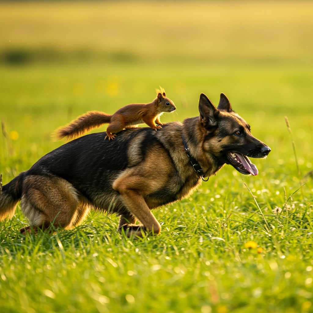 a wildlife photo of german shepherd dog running through a field with a squirrel riding on his back