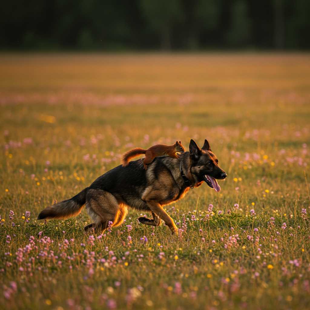 a wildlife photo of german shepherd dog running through a field with a squirrel riding on his back