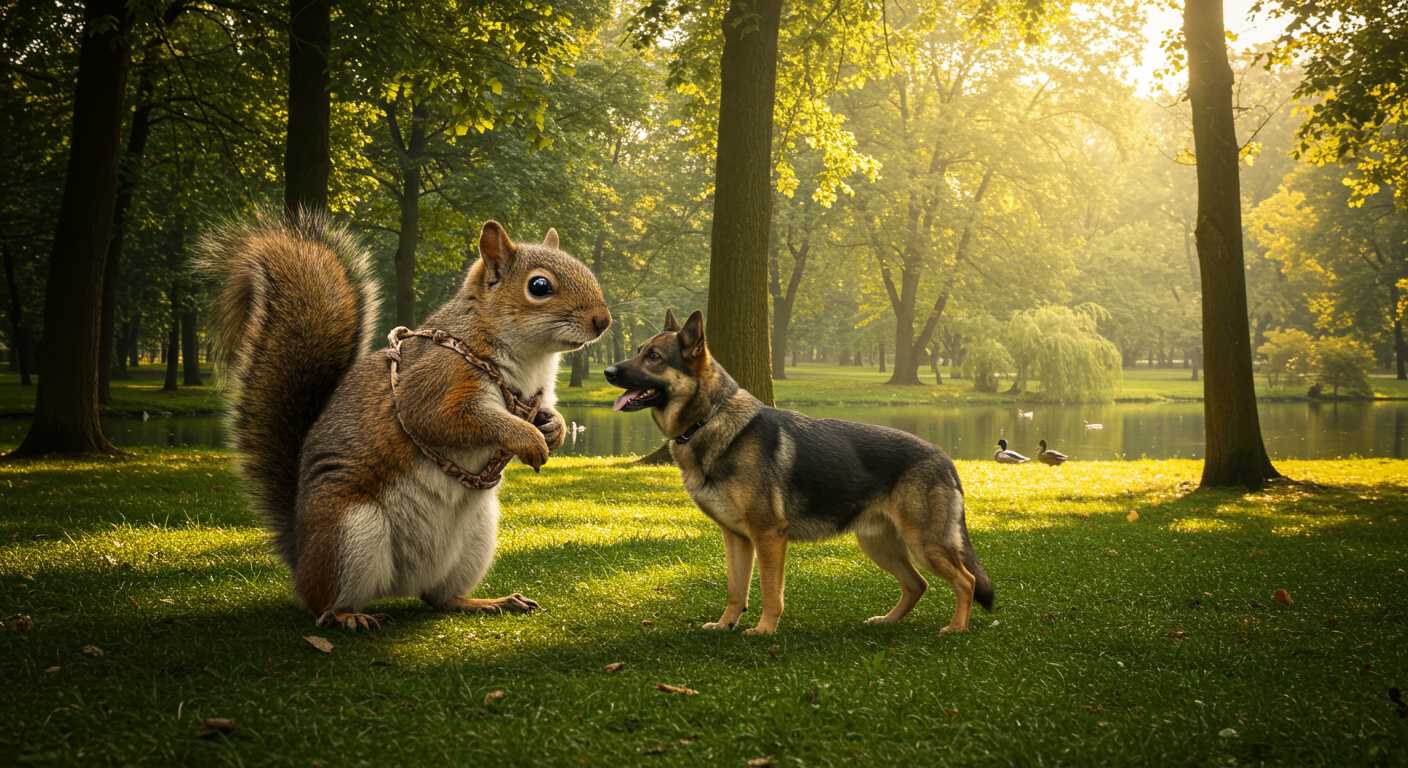 A photo of a giant squirrel walking a german shepherd through a park