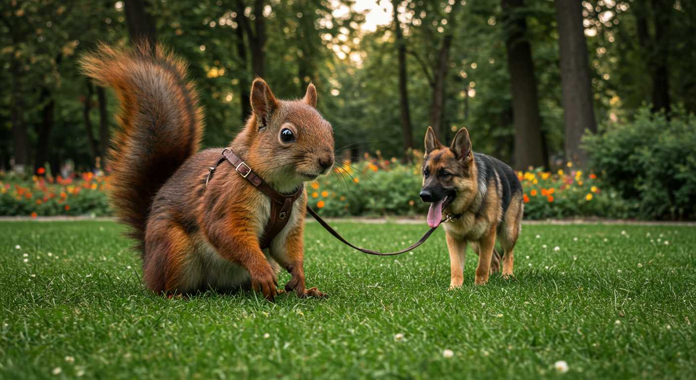 A photo of a giant squirrel walking a german shepherd through a park