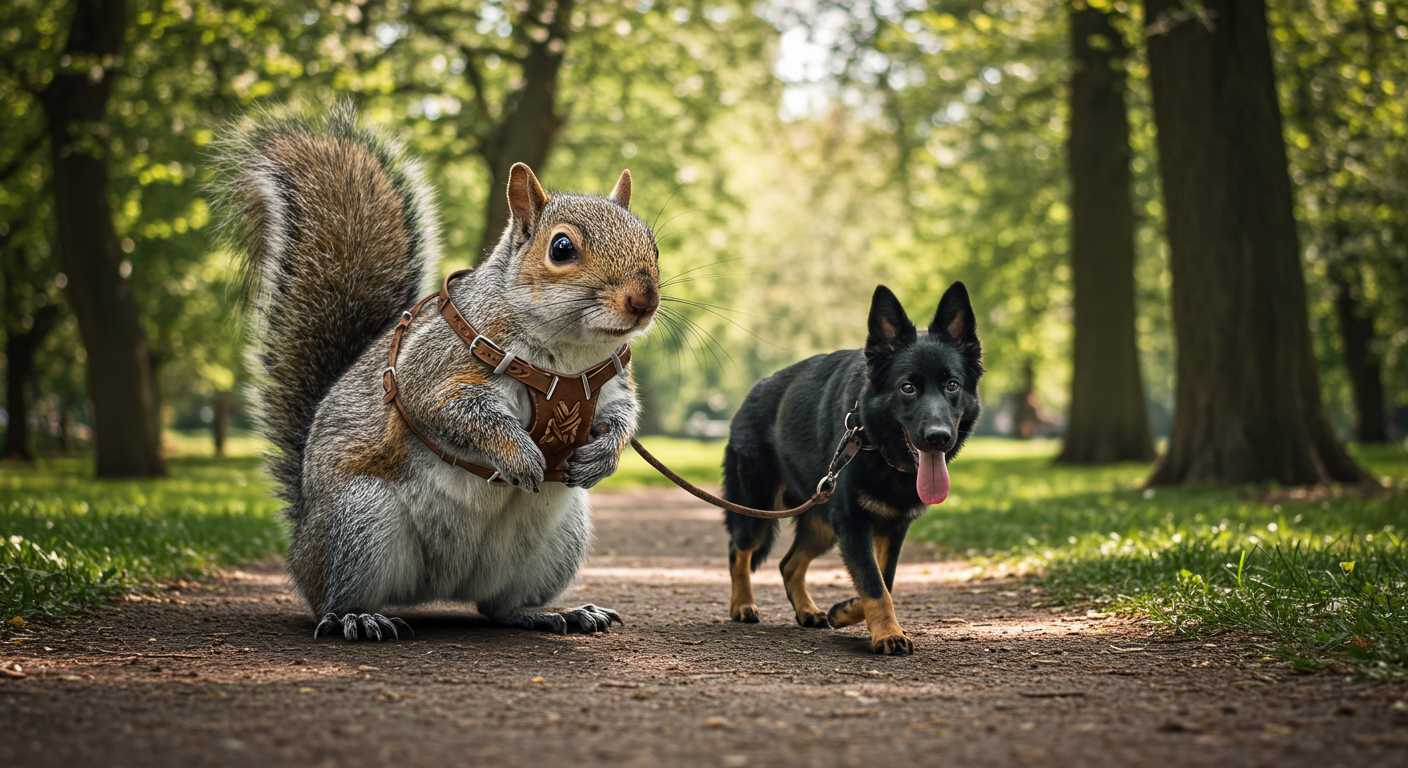 A photo of a giant squirrel walking a german shepherd through a park