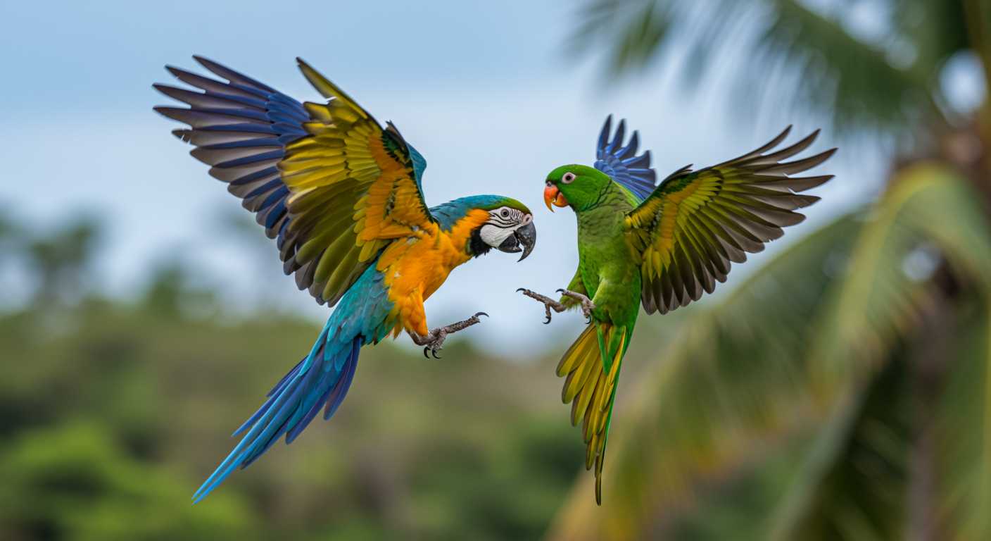 Two parrots fighting in mid air wildlife photo style