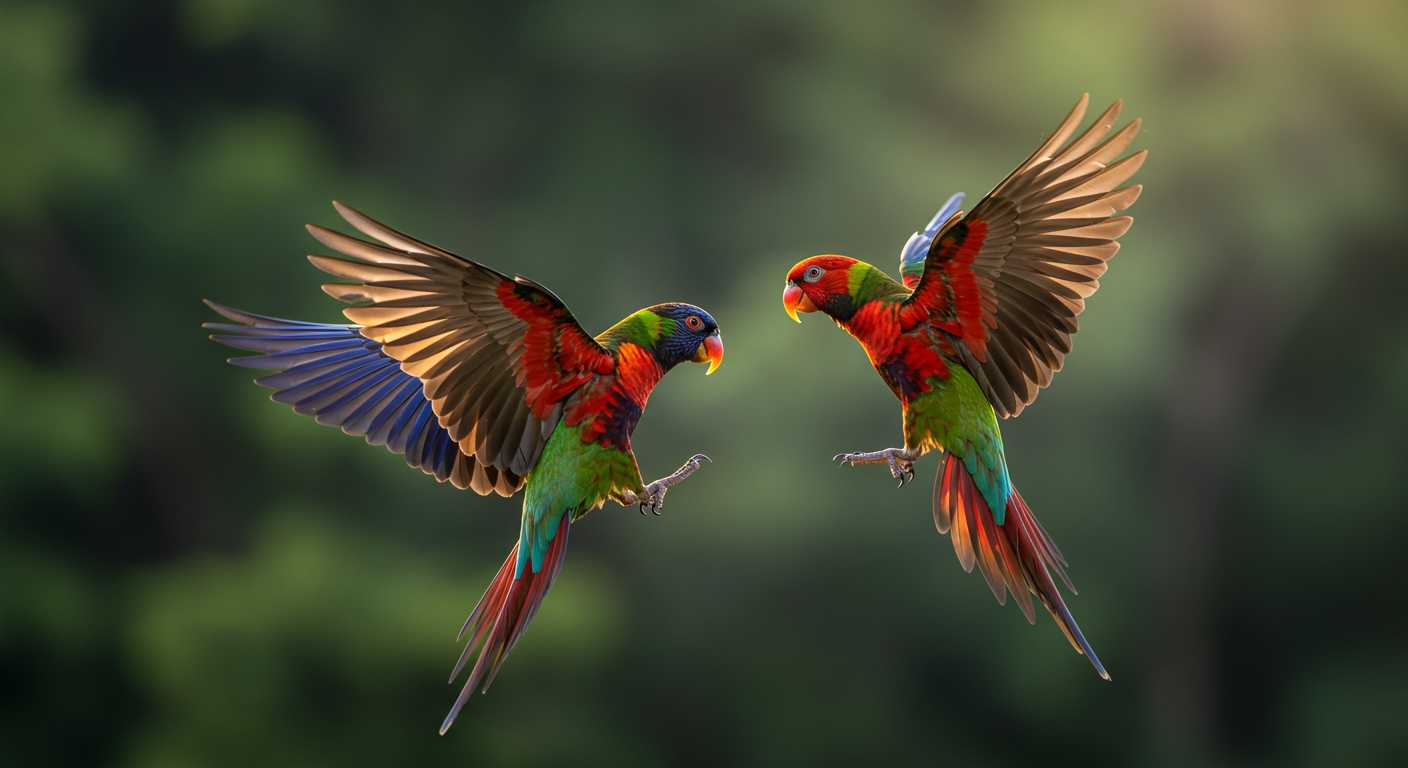 A dynamic wildlife photograph capturing two vividly colored parrots engaged in an aerial skirmish. Their feathers are ruffled, displaying a rich palette of greens, reds, and blues, with hints of sunlight reflecting off their wings. The style is reminiscent of high-speed nature photography, focusing on the intensity of the moment with a shallow depth of field to blur the lush, green jungle background. The composition is central, with the parrots framed against a backdrop of out-of-focus foliage, enhancing the sense of movement. The mood is one of high tension and natural drama, with the morning light casting long shadows and creating a vivid contrast. Technical aspects include a fast shutter speed to freeze the action, with an aperture setting for a narrow depth of field, emphasizing the parrots while the background remains soft and dreamlike.