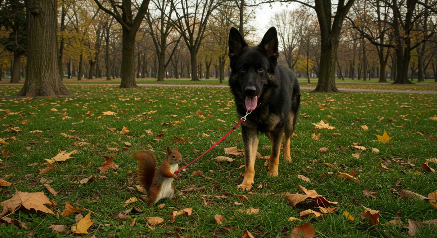 A high-resolution, candid photo capturing a whimsical scene in an urban park. A **squirrel**, appearing both confident and slightly bewildered, is depicted leading a **German Shepherd** by a leash. 

- **Subject Details**: The squirrel stands upright, its tiny paws gripping a small, red leash that connects to the German Shepherd's collar. The dog, with a look of bemused tolerance, follows the squirrel, its ears perked up and tail wagging slightly.

- **Environment**: The park setting is lush with **vibrant green grass**, scattered with **colorful autumn leaves** and surrounded by **mature trees** with their branches reaching towards a **partly cloudy sky**. The time of day is late afternoon, with **soft, golden sunlight** filtering through the leaves, casting dappled shadows on the ground.

- **Composition**: The camera angle is slightly low to the ground to capture the interaction at eye level with the squirrel, enhancing the surreal nature of the scene. The squirrel and dog are framed centrally, with the park's open space providing depth and leading the viewer's eye towards a distant **tree-lined path**.

- **Visual Details**: The textures are crisp, with the **rough bark** of the trees, the **smooth fur** of the animals, and the **crinkled leaves** underfoot. The lighting is natural, showcasing the **warm hues** of the setting sun, which highlights the **reddish tones** in the squirrel's fur and the **glossy black** of the German Shepherd's coat.

- **Mood and Atmosphere**: The atmosphere is light-hearted and playful, with a touch of surrealism. The weather is mild, with a gentle breeze rustling the leaves, contributing to a sense of serenity and whimsy.

- **Technical Aspects**: Use a **wide aperture** to create a shallow depth of field, blurring the background slightly while keeping the squirrel and dog in sharp focus. The image should have a **soft focus** around the edges to emphasize the central interaction and create a dreamy, almost fairytale-like quality.