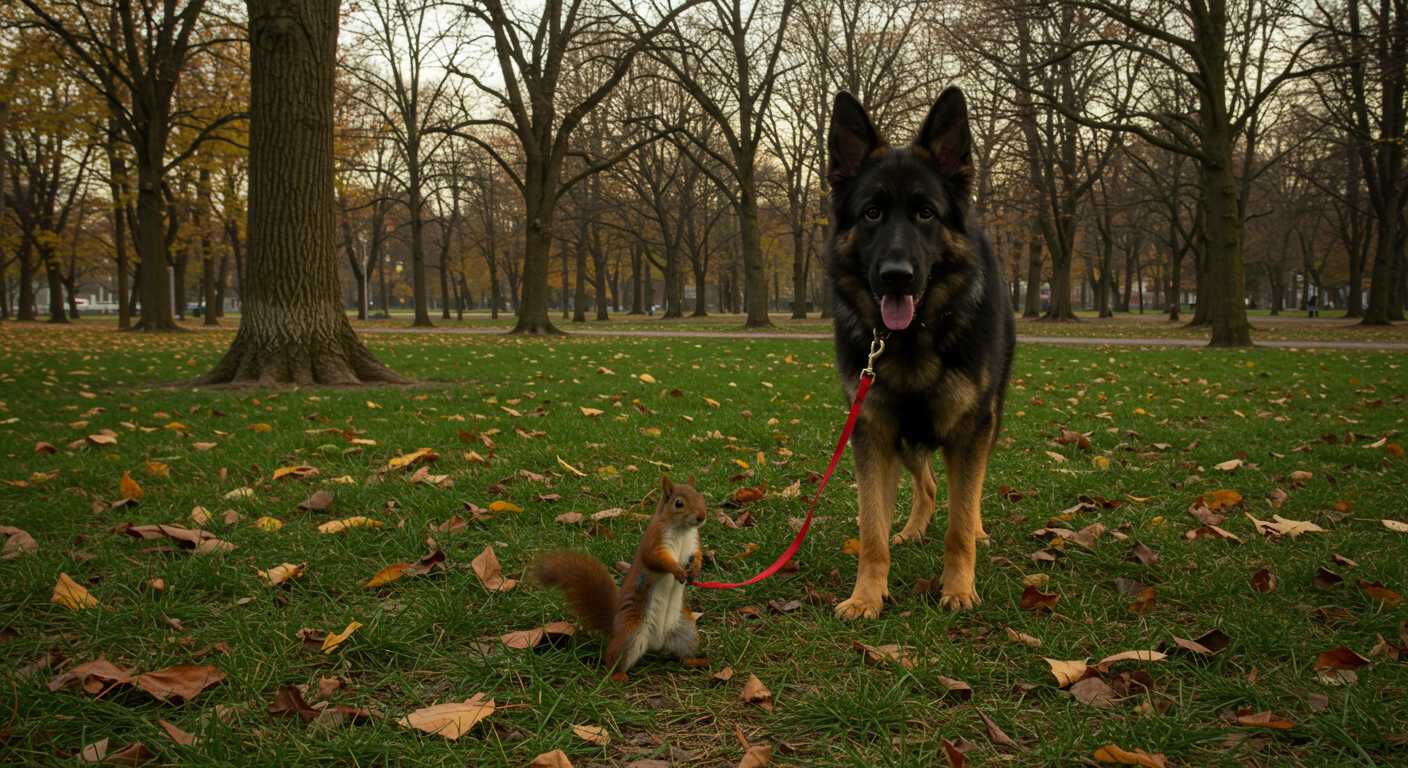 A high-resolution, candid photo capturing a whimsical scene in an urban park. A **squirrel**, appearing both confident and slightly bewildered, is depicted leading a **German Shepherd** by a leash. 

- **Subject Details**: The squirrel stands upright, its tiny paws gripping a small, red leash that connects to the German Shepherd's collar. The dog, with a look of bemused tolerance, follows the squirrel, its ears perked up and tail wagging slightly.

- **Environment**: The park setting is lush with **vibrant green grass**, scattered with **colorful autumn leaves** and surrounded by **mature trees** with their branches reaching towards a **partly cloudy sky**. The time of day is late afternoon, with **soft, golden sunlight** filtering through the leaves, casting dappled shadows on the ground.

- **Composition**: The camera angle is slightly low to the ground to capture the interaction at eye level with the squirrel, enhancing the surreal nature of the scene. The squirrel and dog are framed centrally, with the park's open space providing depth and leading the viewer's eye towards a distant **tree-lined path**.

- **Visual Details**: The textures are crisp, with the **rough bark** of the trees, the **smooth fur** of the animals, and the **crinkled leaves** underfoot. The lighting is natural, showcasing the **warm hues** of the setting sun, which highlights the **reddish tones** in the squirrel's fur and the **glossy black** of the German Shepherd's coat.

- **Mood and Atmosphere**: The atmosphere is light-hearted and playful, with a touch of surrealism. The weather is mild, with a gentle breeze rustling the leaves, contributing to a sense of serenity and whimsy.

- **Technical Aspects**: Use a **wide aperture** to create a shallow depth of field, blurring the background slightly while keeping the squirrel and dog in sharp focus. The image should have a **soft focus** around the edges to emphasize the central interaction and create a dreamy, almost fairytale-like quality.