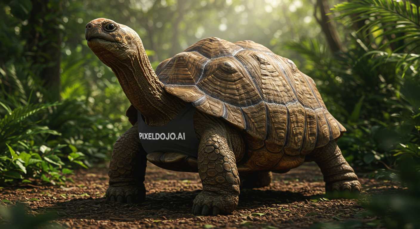 A wildlife photo of a bizarre giant turtle wearing a shirt that reads "PIXELDOJO.AI"