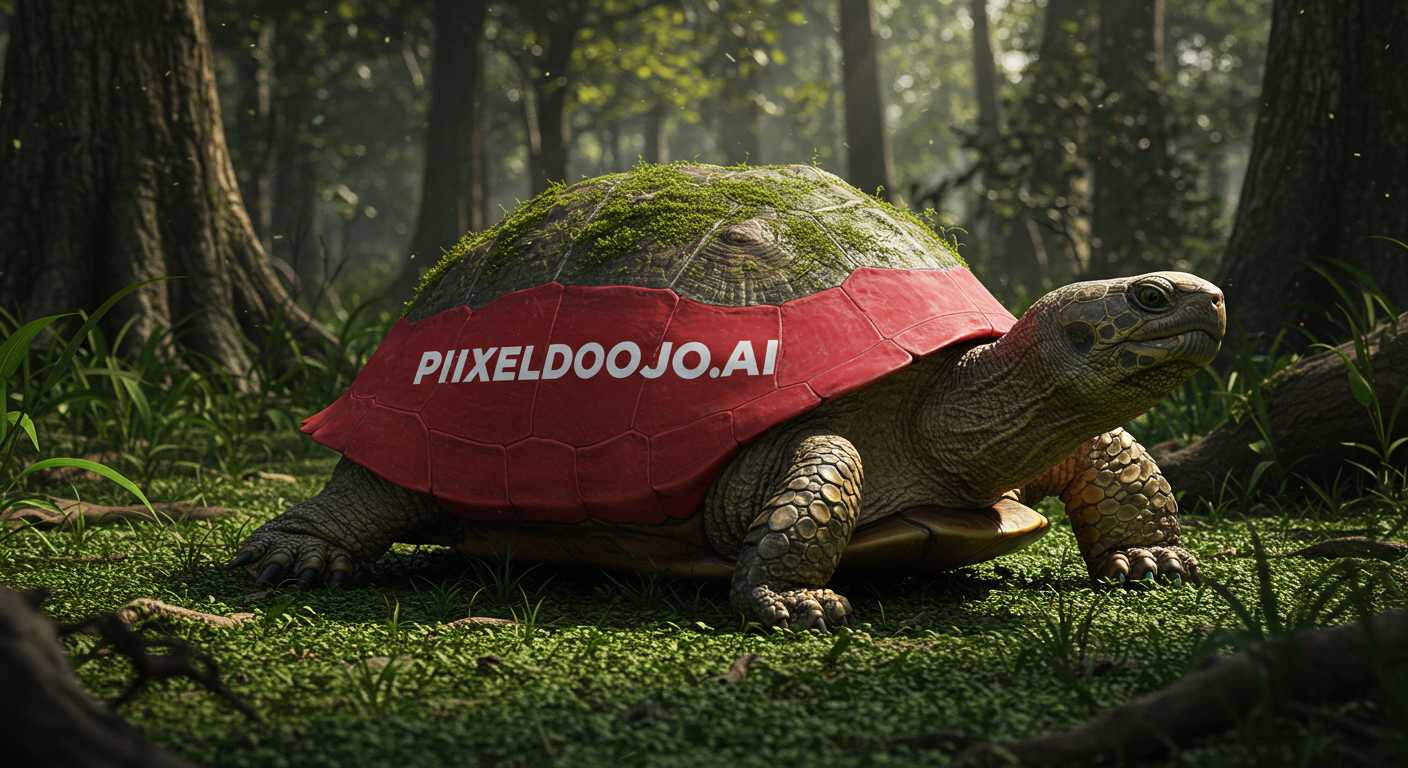 A wildlife photo of a bizarre giant turtle wearing a shirt that reads "PIXELDOJO.AI"