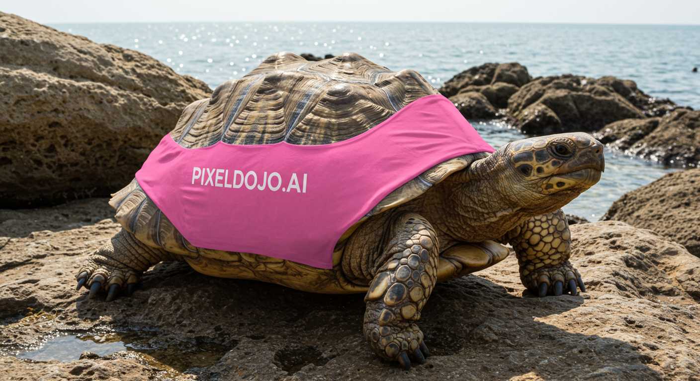 A wildlife photo of a bizarre giant turtle wearing a shirt that reads "PIXELDOJO.AI"