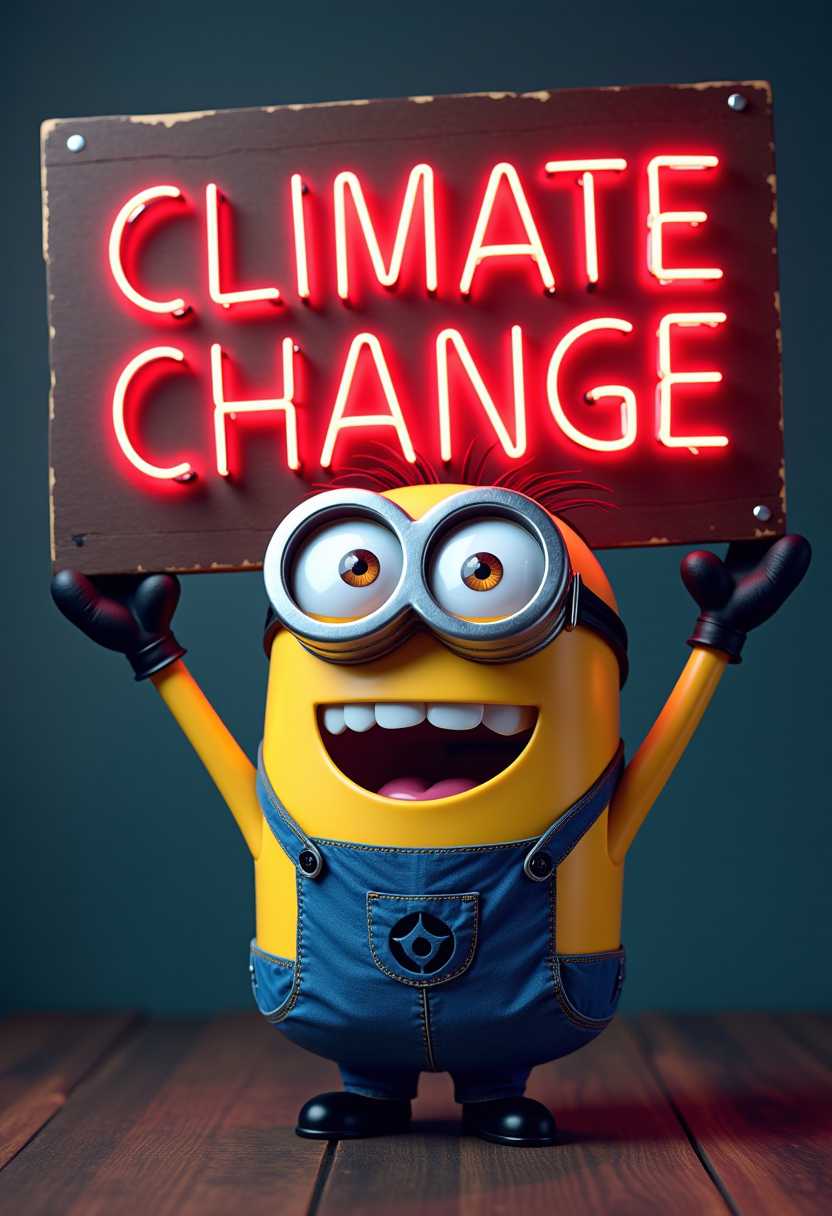 Create an image of a minion laughing happing, holding a neon sign that reads "CLIMATE CHANGE"