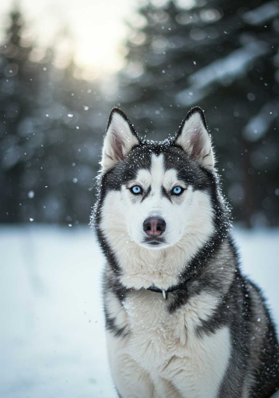Brilliant realistic and cinematic photography of a beautiful Husky with clear bright eyes in winter landscape. Blurred background, bokeh