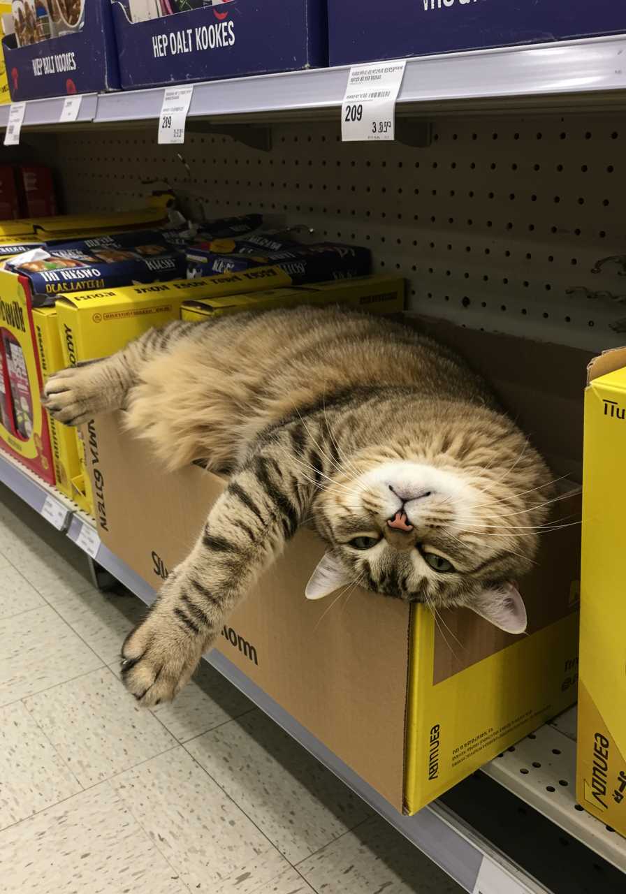 A phone photo posted in reddit in 2017, a fluffy, ginger tabby cat lies sprawled on its back inside a cardboard box on a store shelf, with its head gently tilted to one side and its eyes peacefully closed. Its hind legs dangle comfortably over the edge of the box, while its front paws stretch out above its soft belly. The cat’s long, striped fur fans out across the box, creating a cozy, makeshift bed amid the bright yellow packaging that surrounds it. Despite the bustling setting, the cat appears perfectly relaxed, napping blissfully in the middle of the store aisle.