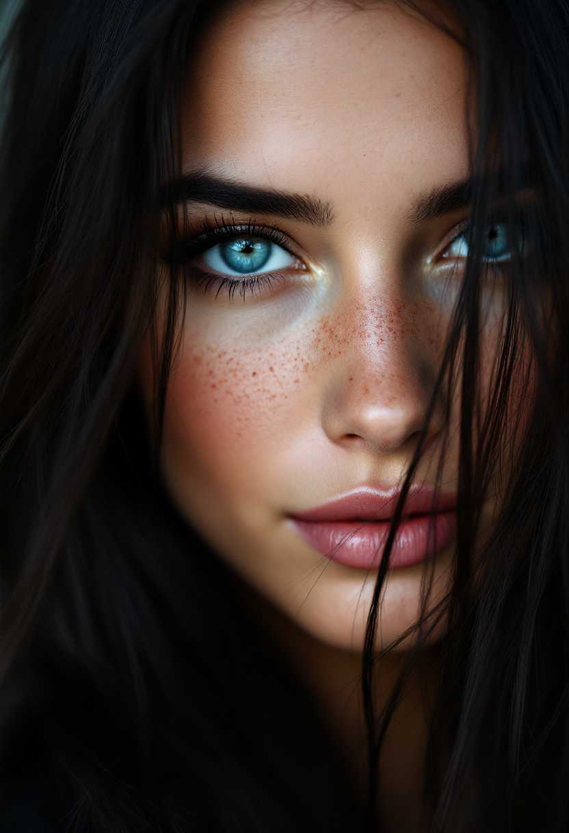 a close up portrait of  Subject: A 36-year-old woman with an athletic build, standing at 5'5" with long, straight black hair cascading over her shoulders, and piercing blue eyes.

Visual Details:
- **Hair**: Lustrous, with a slight sheen, suggesting good health and care; a few strands fall gently over her face, adding to her allure.
- **Eyes**: Bright blue, with a depth that hints at stories untold; a subtle sparkle adds to her enigmatic charm.
- **Skin**: Fair and smooth with a light dusting of freckles across her cheeks and nose, indicative of her Irish heritage.
- **Smile**: Soft, with a hint of mischief, enhancing her approachable demeanor.

Style: Photorealistic with a touch of cinematic glamour, reminiscent of a classic film portrait by photographers like Annie Leibovitz, capturing the essence of the subject's personality through nuanced expressions.



Mood and Atmosphere:
- **Setting**: She stands near an old, ornate window, the light filtering through sheer curtains, creating an intimate, almost magical atmosphere.
- **Time of Day**: Late afternoon, with the golden hour light providing a warm, inviting glow.
- **Emotion**: A blend of warmth, approachability, and a hint of mystery, conveyed through her expression and the subtle play of light and shadow.

Technical Aspects:
- **Depth of Field**: Shallow, with her face in sharp focus, while the background blurs into soft, dreamy textures.
- **Color Palette**: Muted tones with pops of blue in her eyes, creating a harmonious yet striking visual contrast.
- **Texture**: The light plays on the textures of her hair, skin, and clothing, adding to the realism and depth of the image.

Cohesion: All elements combine to create a portrait that is both timeless and personal, reflecting the subject's gentle yet mischievous nature through a blend of classic photography techniques and a storytelling approach.