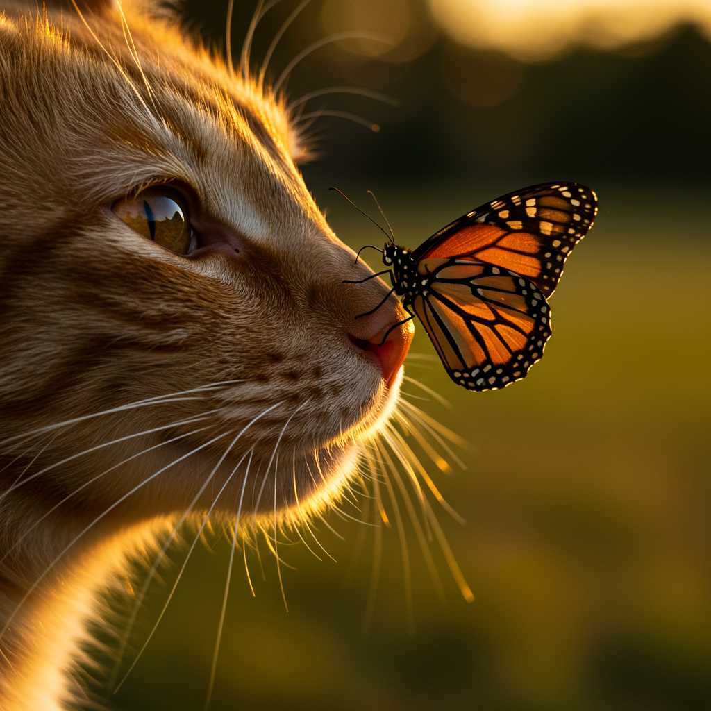 Color photograph Macro shot of a cat’s nose and whiskers with a butterfly on the cat’s nose outside golden hour