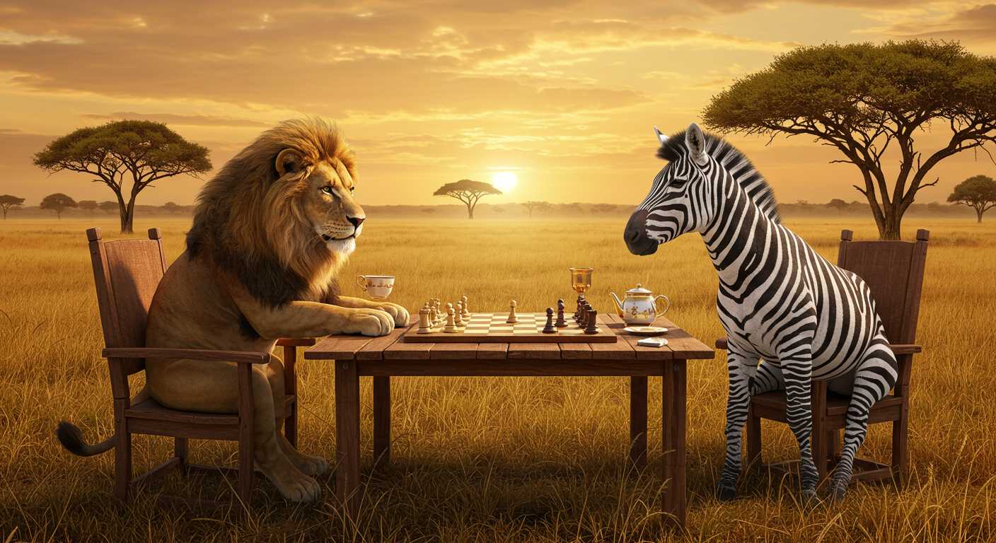 A majestic and whimsical scene of a lion and a zebra sitting at a sturdy wooden table in the middle of a serene savanna, playing a game of chess. The lion exudes calm confidence as it carefully plans its next move, while the zebra appears thoughtful and deeply focused. The chessboard features intricate, detailed pieces, with the backdrop of golden grasslands, acacia trees, and a warm sunset sky. The atmosphere is playful yet regal, with subtle details like a cup of tea for the zebra and a goblet for the lion, adding personality and charm. Hyper-realistic, vibrant colors, and expressive characters