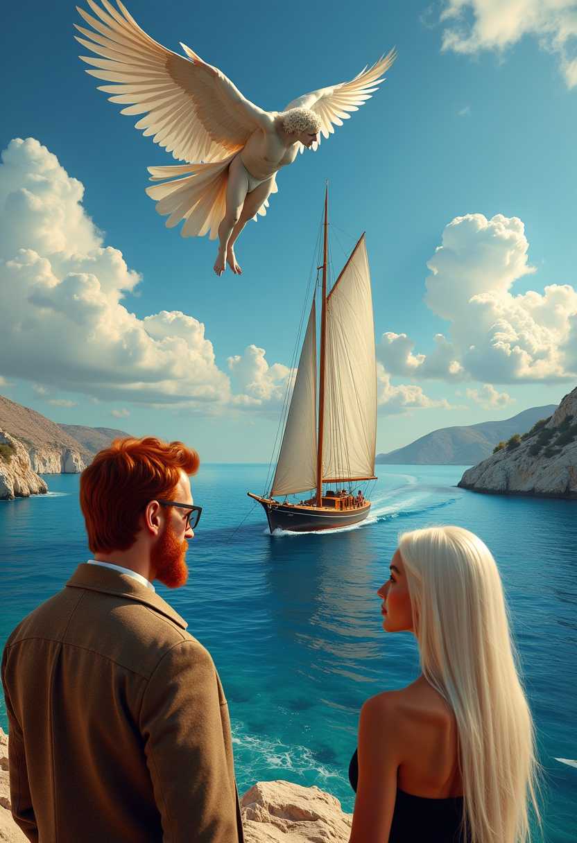 masterpiece, best quality, highres, sharp image, more detail,  In the center of the image a large modern racing sailboat with a single mast sails among the greek islands.  In the top center, Icarus falls from the sky with his melted wings made of wax and feathers.  at the bottom left, a man with red hair and a beard, wearing glasses, and wearing a tweed jacket, looks at a woman with long straight white hair, wearing a black strapless dress