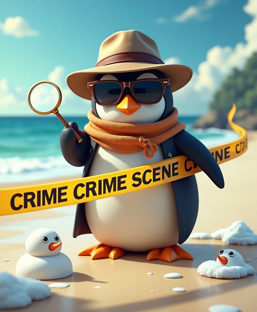pinguin detective in sunglasses and detective clothes holding a magnifying glass is on a crime scene on a sunny beach with crime scene tape with text "CRIME SCENE". in the middle of the scene there is a lot of melted snow, a carrot nose and two little snowman eyes on the ground. Fantastic lighting. Detailed shadows.intricate details, vivid colors, hyper-detailed, ultra-sharp