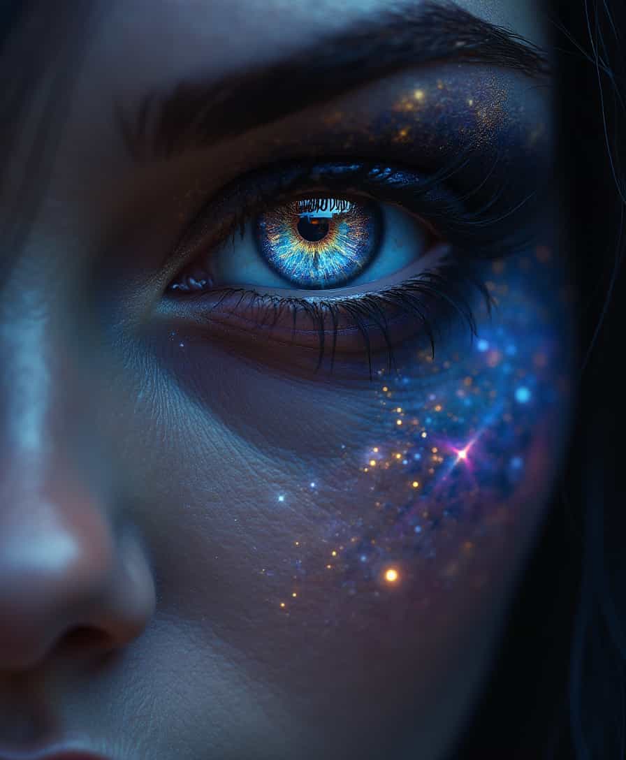 A close-up of the Sorceress' enigmatic eyes, swirling with intricate celestial patterns of galaxies, stars, and nebulas, their glowing light casting delicate highlights on her brows and lashes. The chiaroscuro style heightens the drama, with intense shadows framing her face and a soft celestial glow illuminating her features. The color palette of rich blues, purples, and shimmering golds contrasts beautifully with the deep shadows, creating a visually arresting image of infinite mystery and allure.