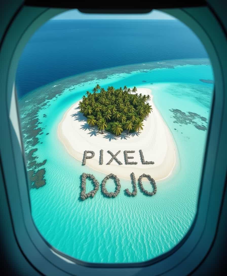 a professional slr photograph - A breathtaking aerial view from an airplane window, showing a small, isolated tropical island surrounded by the vast blue ocean. The island features white sandy beaches, a few scattered palm trees, and turquoise waters lapping at its shores. On the sand, clearly visible and written in massive letters, are the words 'Pixel Dojo,' as though inscribed for rescue or attention. The letters are slightly rough, as if drawn hastily with large tools, with shadows cast by the afternoon sun. The airplane window frame subtly surrounds the view, giving the image depth and perspective. The scene exudes a mix of urgency and humor, with bright natural colors and a sense of remote serenity.