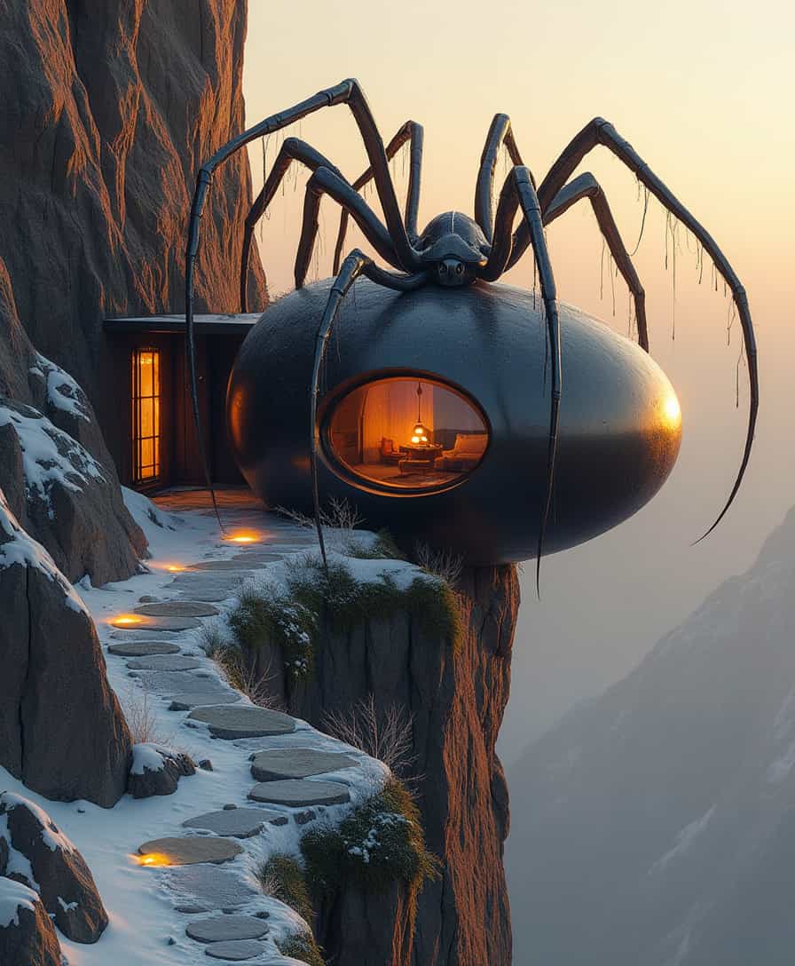 A dark egg-shaped structure perched precariously on the edge of a massive cliff overlooking a huge void on a very snowy winter afternoon, covering everything around it. The golden hour bathes the scene in warm, radiant light, casting long, dramatic shadows over the rugged terrain. Large oval windows framed by sculpted organic lines reveal the soft amber glow of the interior, harmonizing with the golden tones of the sky. The structure's matte, deep black exterior contrasts vividly with the surrounding jagged rock formations and the rugged texture of the cliff. From a low perspective, a narrow path winds along the edge of the cliff and leads to the structure's entrance, the edges of which are illuminated by golden sunlight. Sparse vegetation and moss cling to the crevices of the rock surface, defying the windswept environment. The biomorphic design of the structure evokes a futuristic yet natural aesthetic, blending perfectly with the spectacular surroundings. The muted color palette of blacks and grays is enriched by the warm tones of golden hour, while soft, diffuse lighting highlights the soft, fluid forms of the structure. The atmosphere is tranquil, otherworldly and inspiring, evoking a sense of solitude and reverence in this unique retreat on the precipice of the world. Towering above the structure, a supernatural, gargantuan spider with grotesquely elongated legs looms menacingly, its body hunched over the curved form of the building as though it has claimed the structure as its prey. Its spindly legs stretch impossibly far, digging into the cliffside, while thin, glistening strands of webbing shimmer faintly in the warm light, clinging to the structure and nearby rocks. The spider’s glowing, otherworldly eyes pierce through the tranquil golden hour, adding a sinister, predatory presence to the scene.