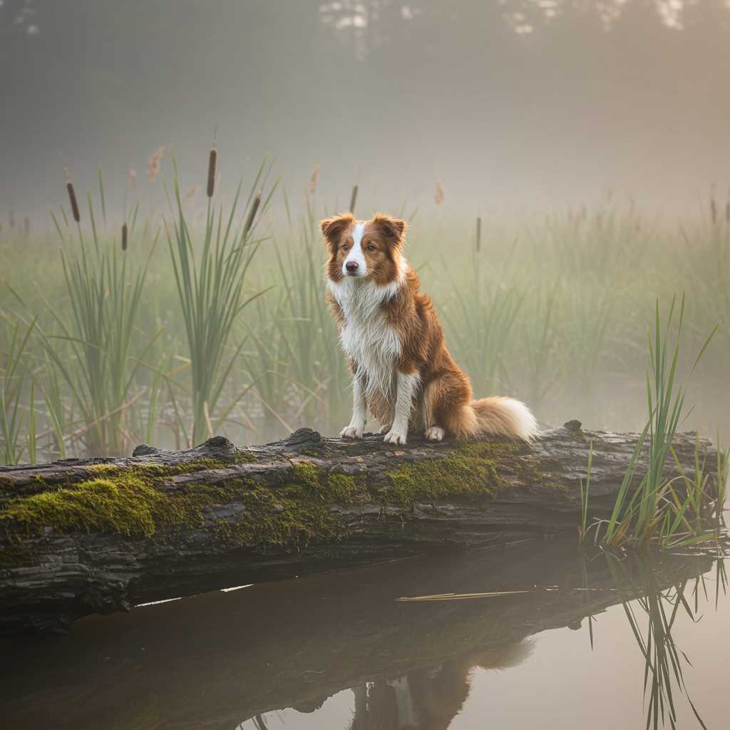 a dog on a log in a bog