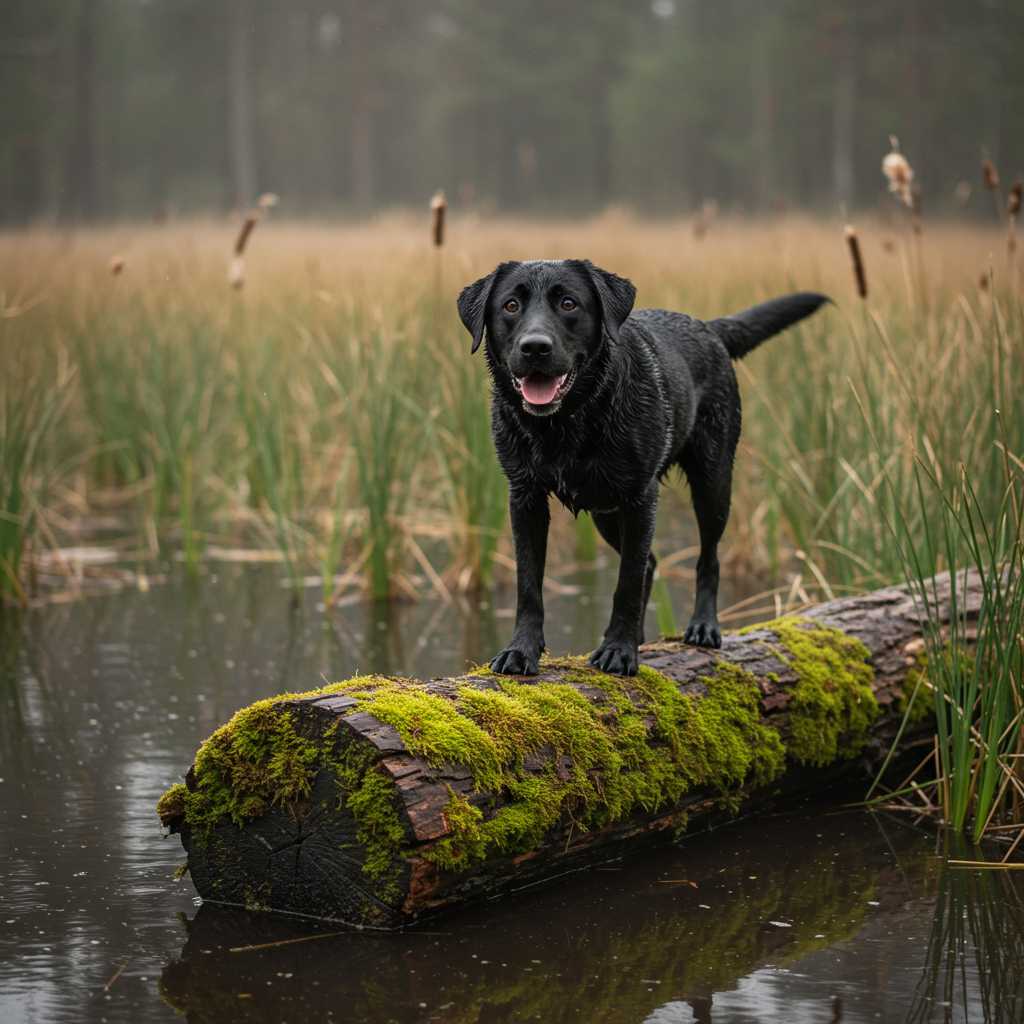 a dog on a log in a bog