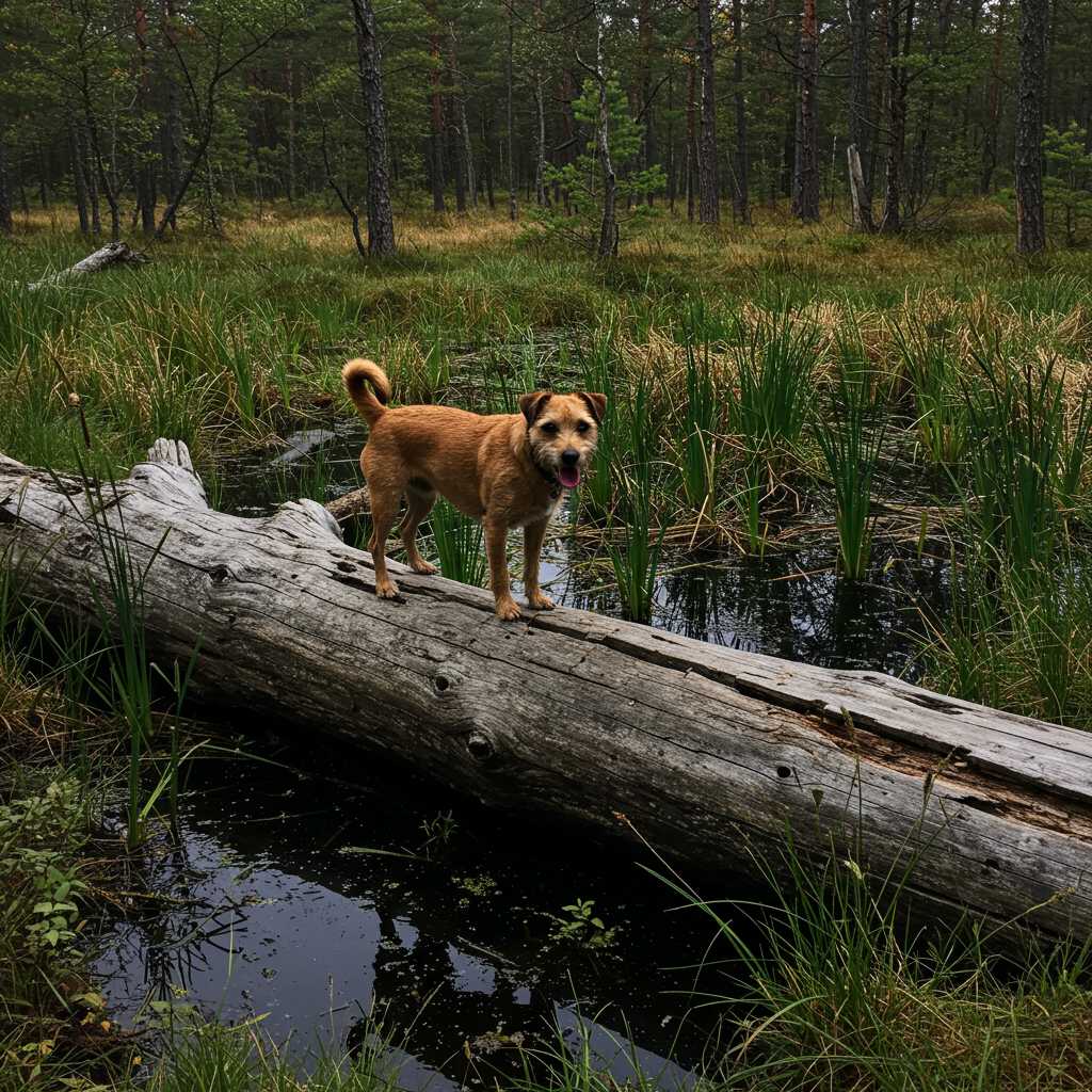 a dog on a log in a bog