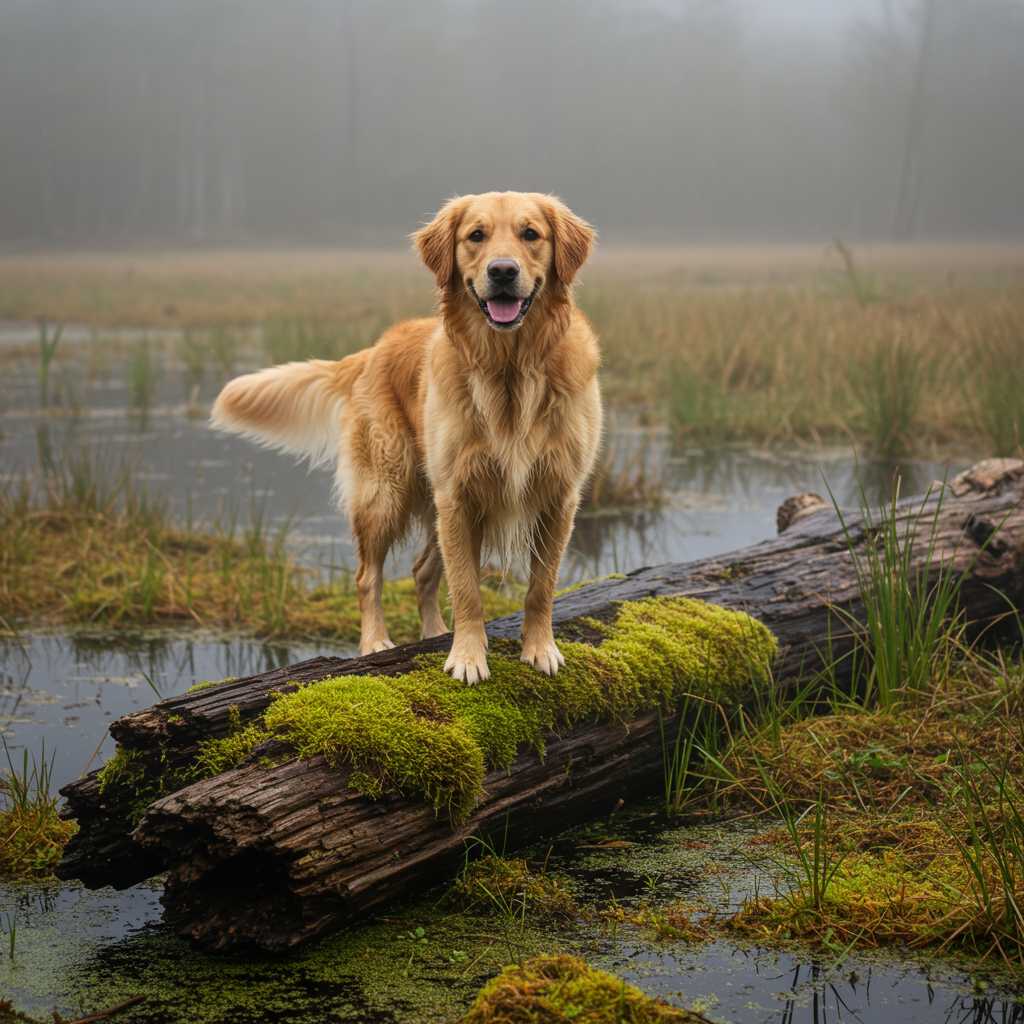 a dog on a log in a bog