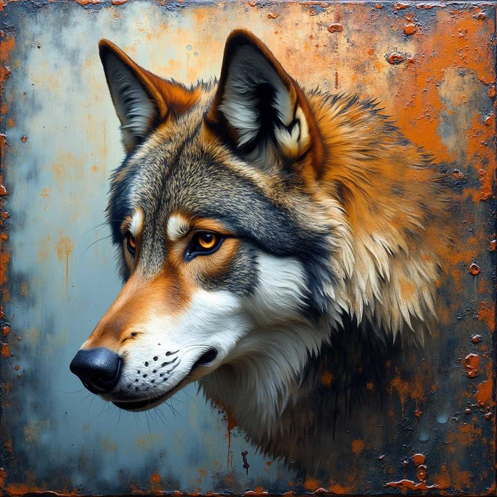 Encaustic Art created with hot wax,
adding texture and richness
to paintings of a wolf.
