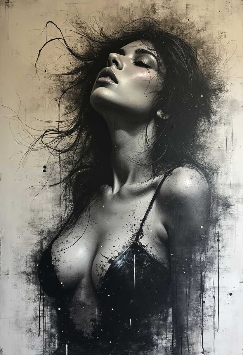 Perfect RAW Photo, expressive blend of seductive female figurative and abstract elements.
Thick textured brushstrokes and a monochromatic palette to create a dynamic and emotional piece. 
Expressive techniques to convey emotion and movement in their work.
Abstract Expressionism.
Figurative Art.
Graffiti Art.
Surrealism.
Unique and emotive piece.