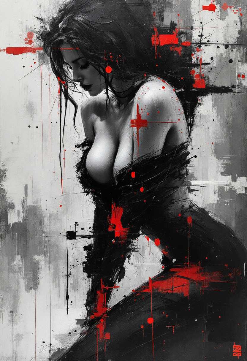Perfect RAW Photo, expressive blend of seductive female figurative and abstract elements.
Thick textured brushstrokes and a monochromatic palette to create a dynamic and emotional piece. 
Expressive techniques to convey emotion and movement in their work.
Abstract Expressionism.
Figurative Art.
Graffiti Art.
Surrealism.
Unique and emotive piece.