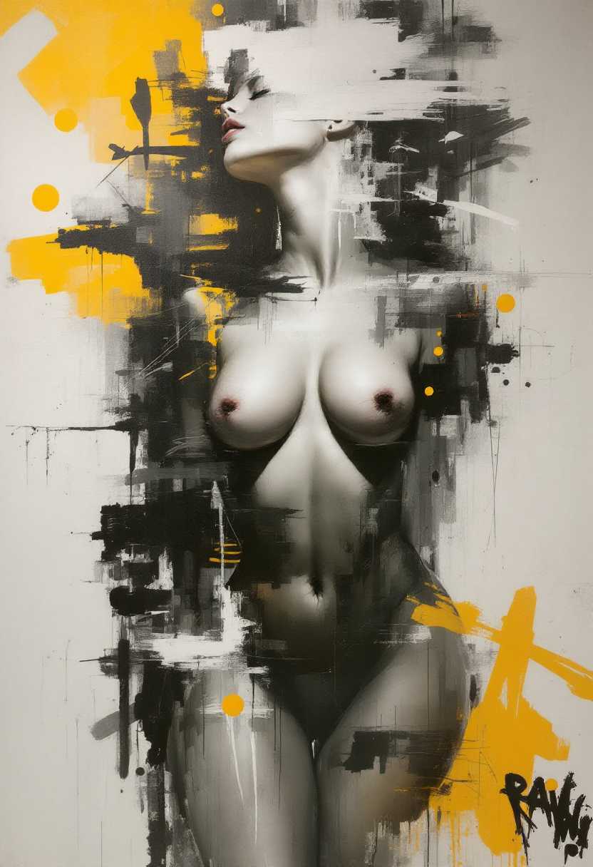 Perfect RAW Photo, expressive blend of seductive female figurative and abstract elements.
Thick textured brushstrokes and a monochromatic palette to create a dynamic and emotional piece. 
Expressive techniques to convey emotion and movement in their work.
Abstract Expressionism.
Figurative Art.
Graffiti Art.
Surrealism.
Unique and emotive piece.