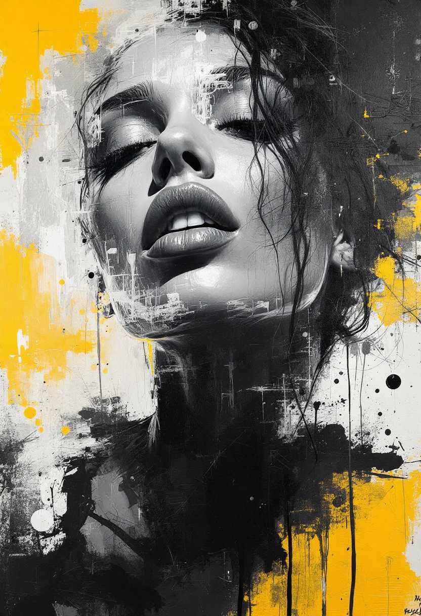 Perfect RAW Photo, expressive blend of seductive female figurative and abstract elements.
Thick textured brushstrokes and a monochromatic palette to create a dynamic and emotional piece. 
Expressive techniques to convey emotion and movement in their work.
Abstract Expressionism.
Figurative Art.
Graffiti Art.
Surrealism.
Unique and emotive piece.