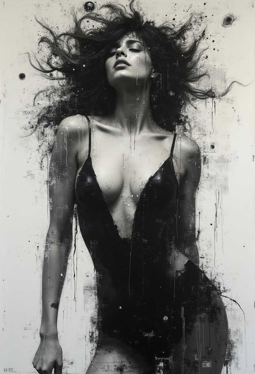 Perfect RAW Photo, expressive blend of seductive female figurative and abstract elements.
Thick textured brushstrokes and a monochromatic palette to create a dynamic and emotional piece. 
Expressive techniques to convey emotion and movement in their work.
Abstract Expressionism.
Figurative Art.
Graffiti Art.
Surrealism.
Unique and emotive piece.